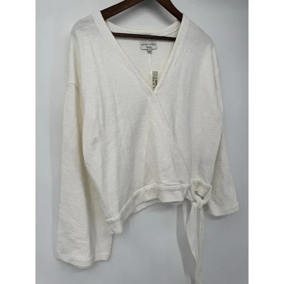 NWT White Wrap Sweater Top Tie Waist Long Sleeve Cozy Neutral Clean Girl Cottage - Picture 5 of 12